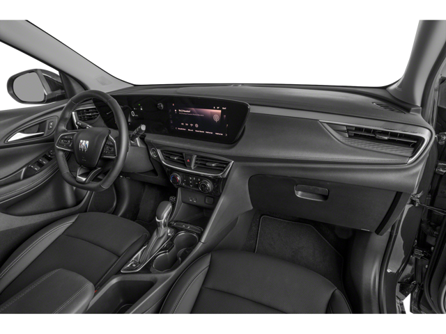 close up view of 2025 Buick Encore GX front dashboard from the front passengers point of view. Steering wheel, temperature controls, and touch screen are visible.